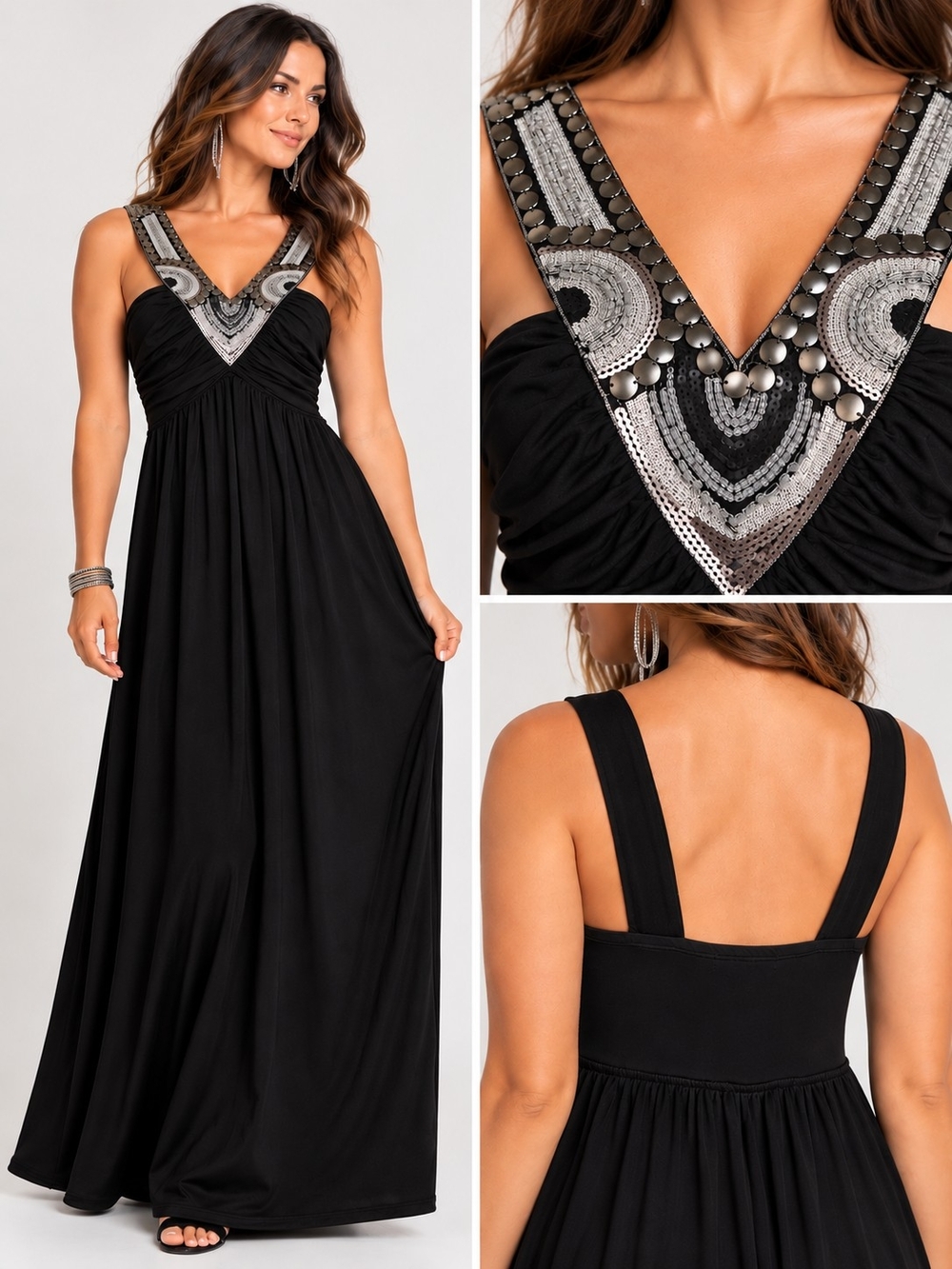 Y2K Bailey Blue Black Beaded Empire Waist Maxi Dress V Neck Boho Chic Event Med